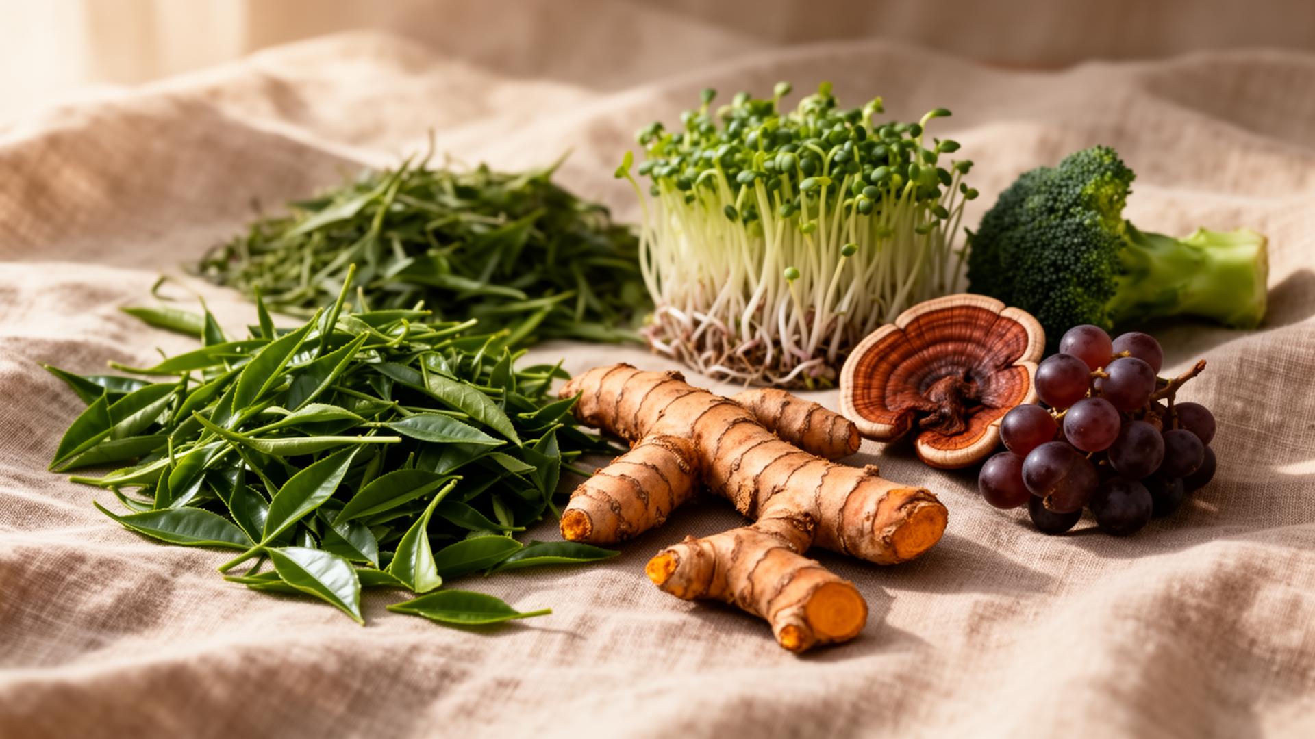 Fresh herbs and botanical ingredients in natural light